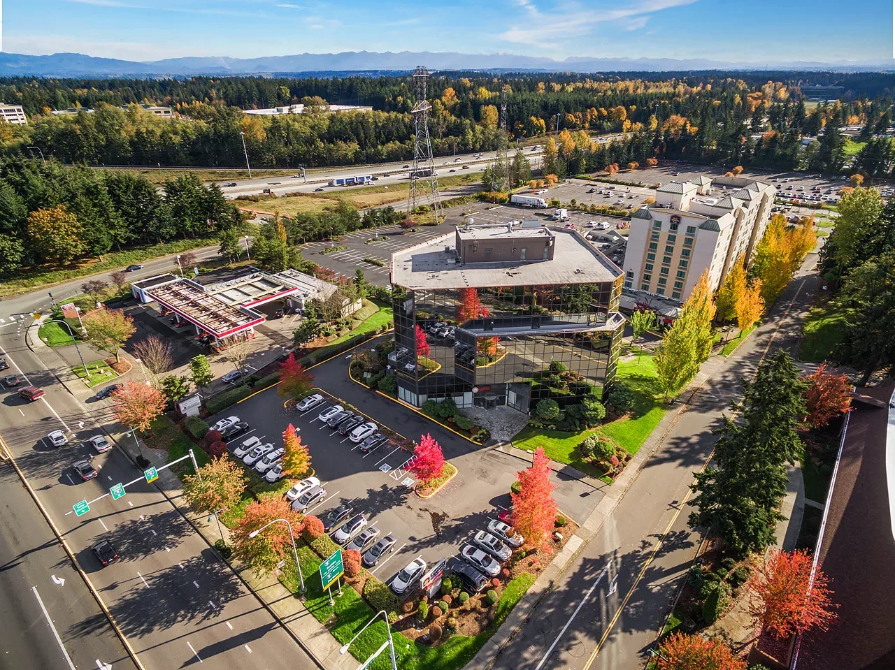 Aerial view of an office campus and roofs near Federal Way